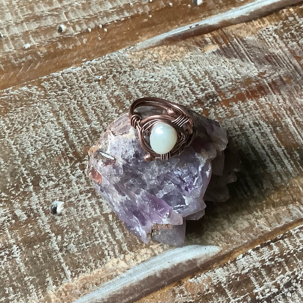 Artisan Copper and Freshwater Pearl Handmade Ring Vintage Style